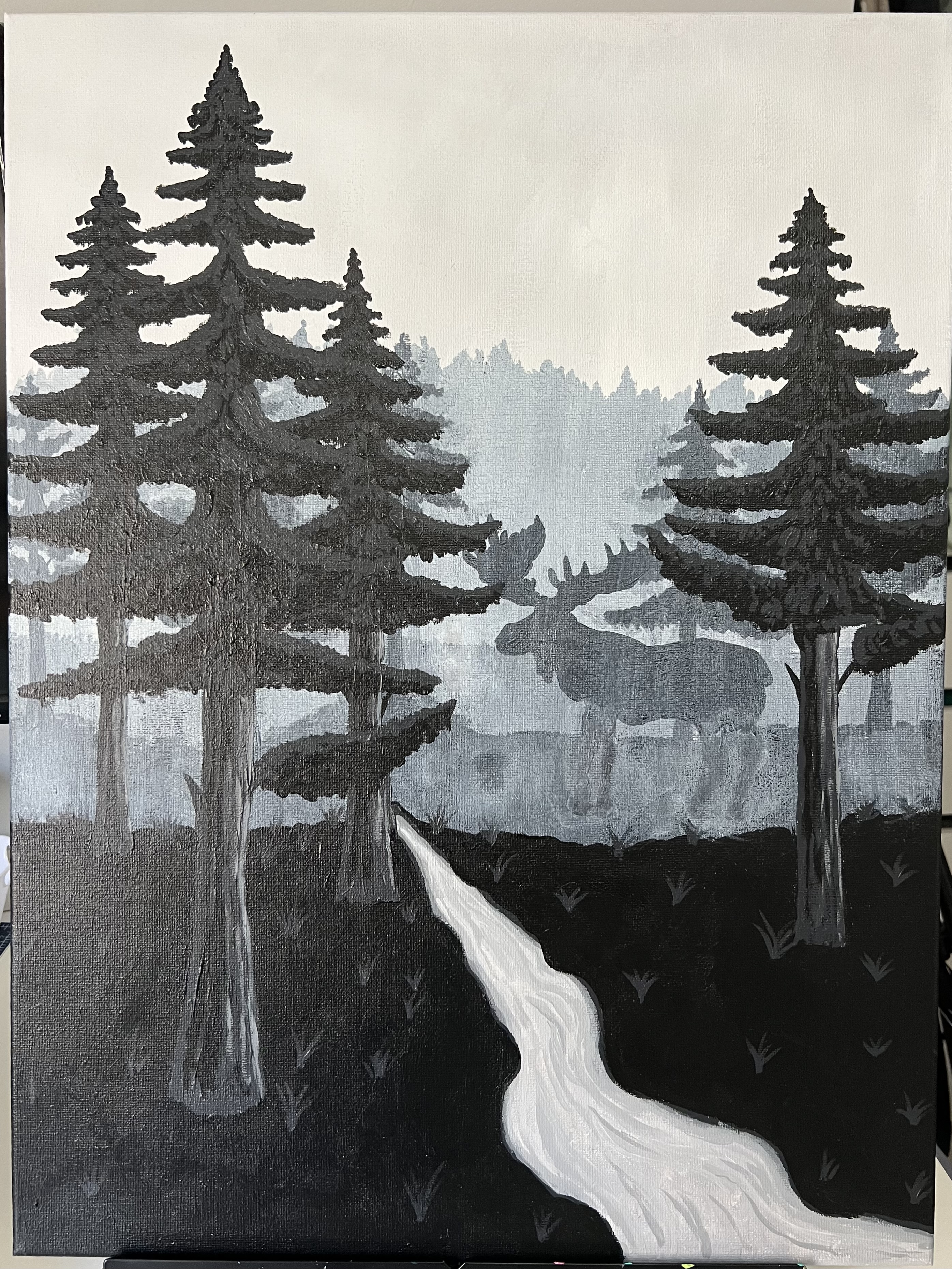black and white painting of a landscape scene complete with a river and moose in the distance
