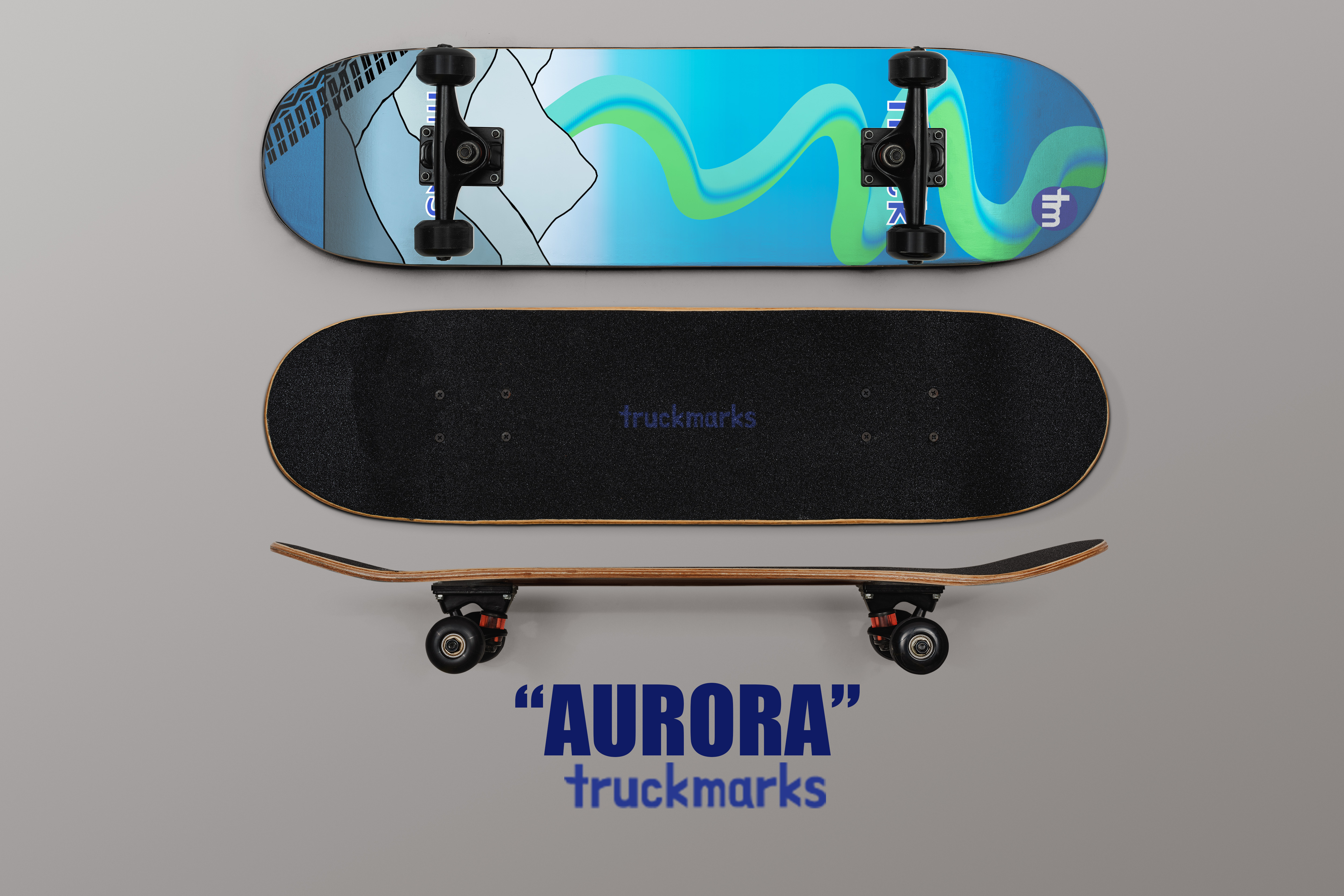 Skateboard mockup featuring an abstract blue and green wave graphic inspired by the aurora, shown from top, grip, and side views with trucks and wheels, labeled “Aurora” by Truckmarks.