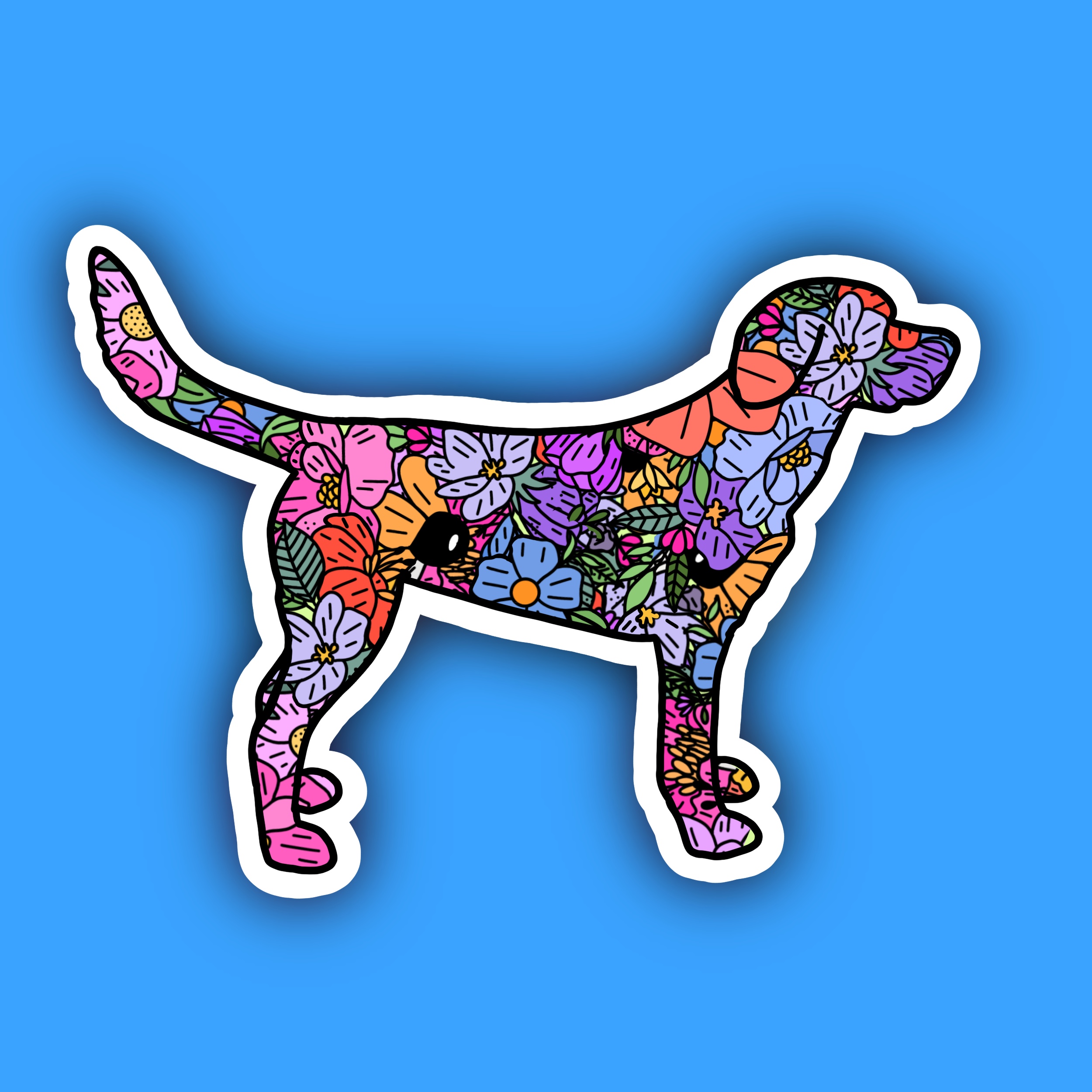 Sticker silhouette of a dog filled with colourful floral illustrations.