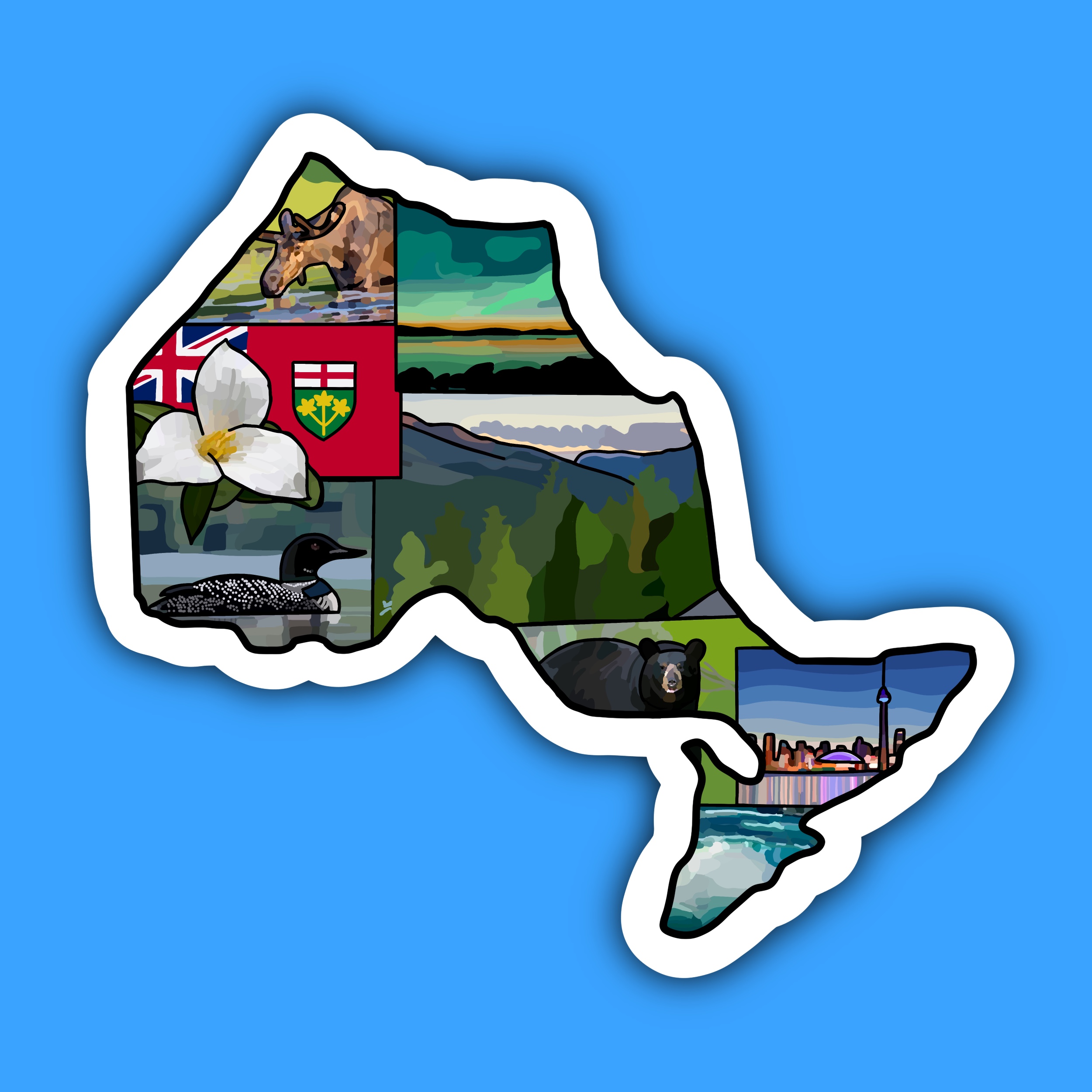 Sticker shaped like Ontario filled with illustrated landscapes, wildlife, and regional symbols.