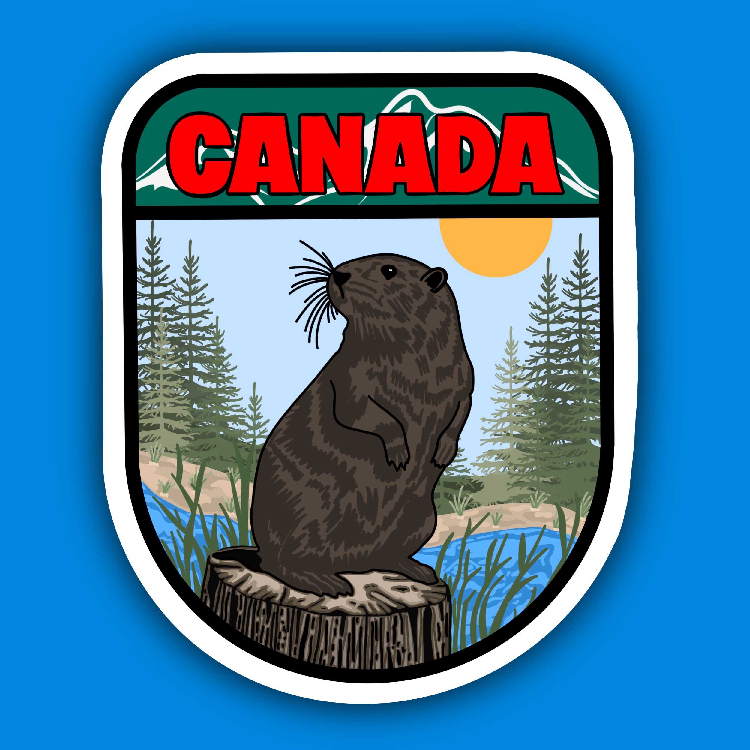 Sticker reading “Canada” with an illustrated beaver standing on a log, surrounded by trees and water.