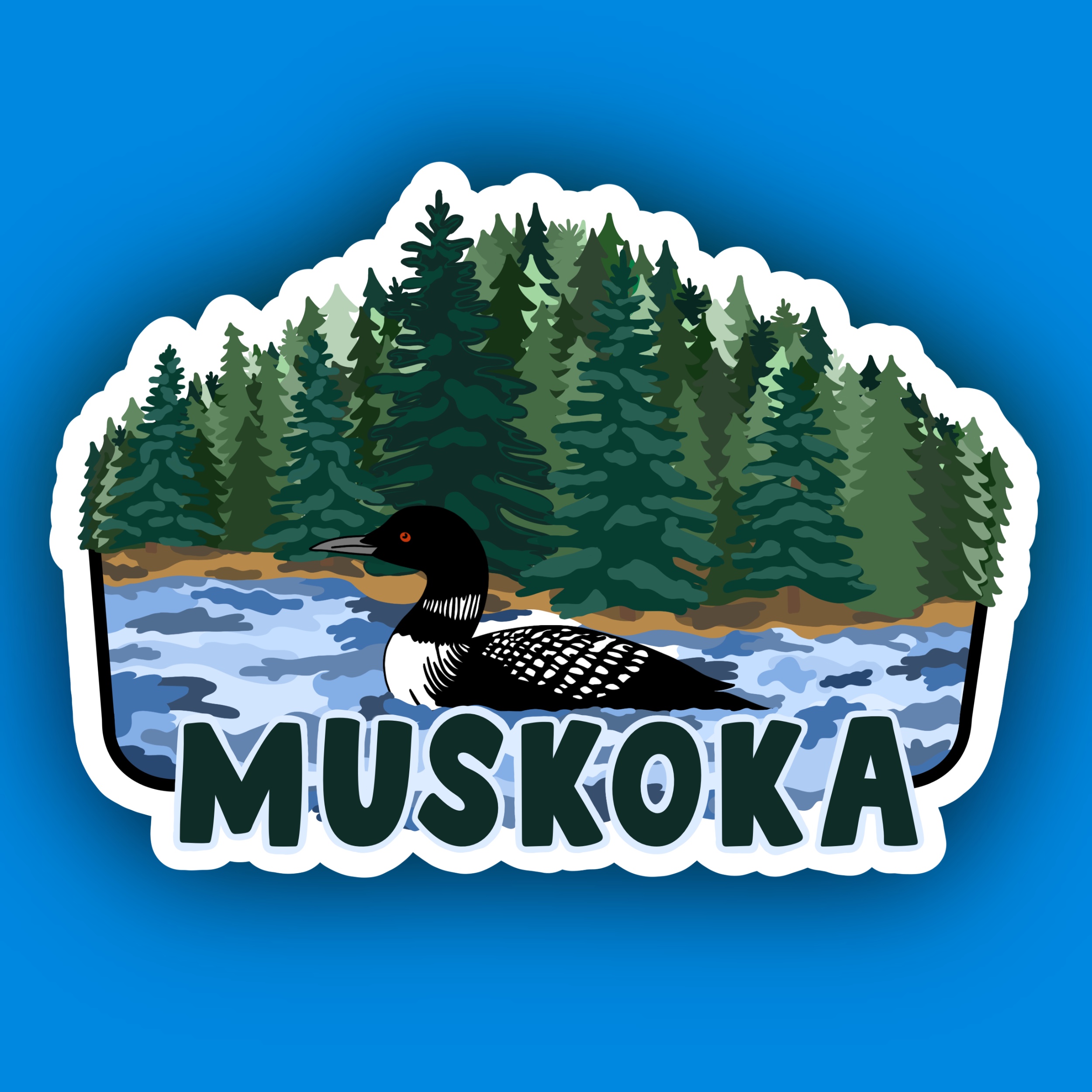 Sticker reading “Muskoka” featuring a loon swimming on a lake with evergreen trees in the background.
