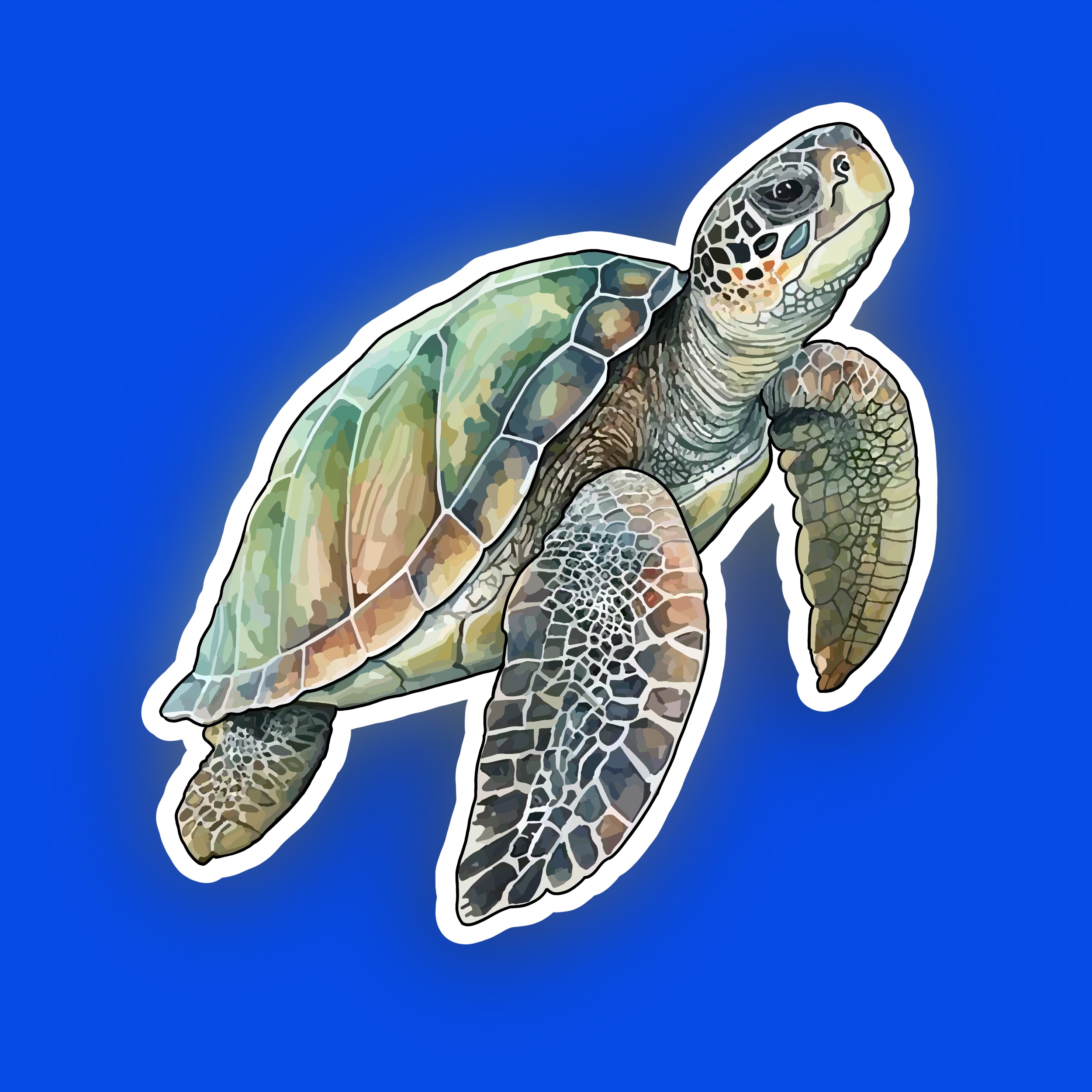 Detailed illustrated sticker of a sea turtle swimming, with textured shell and fins on a blue background.