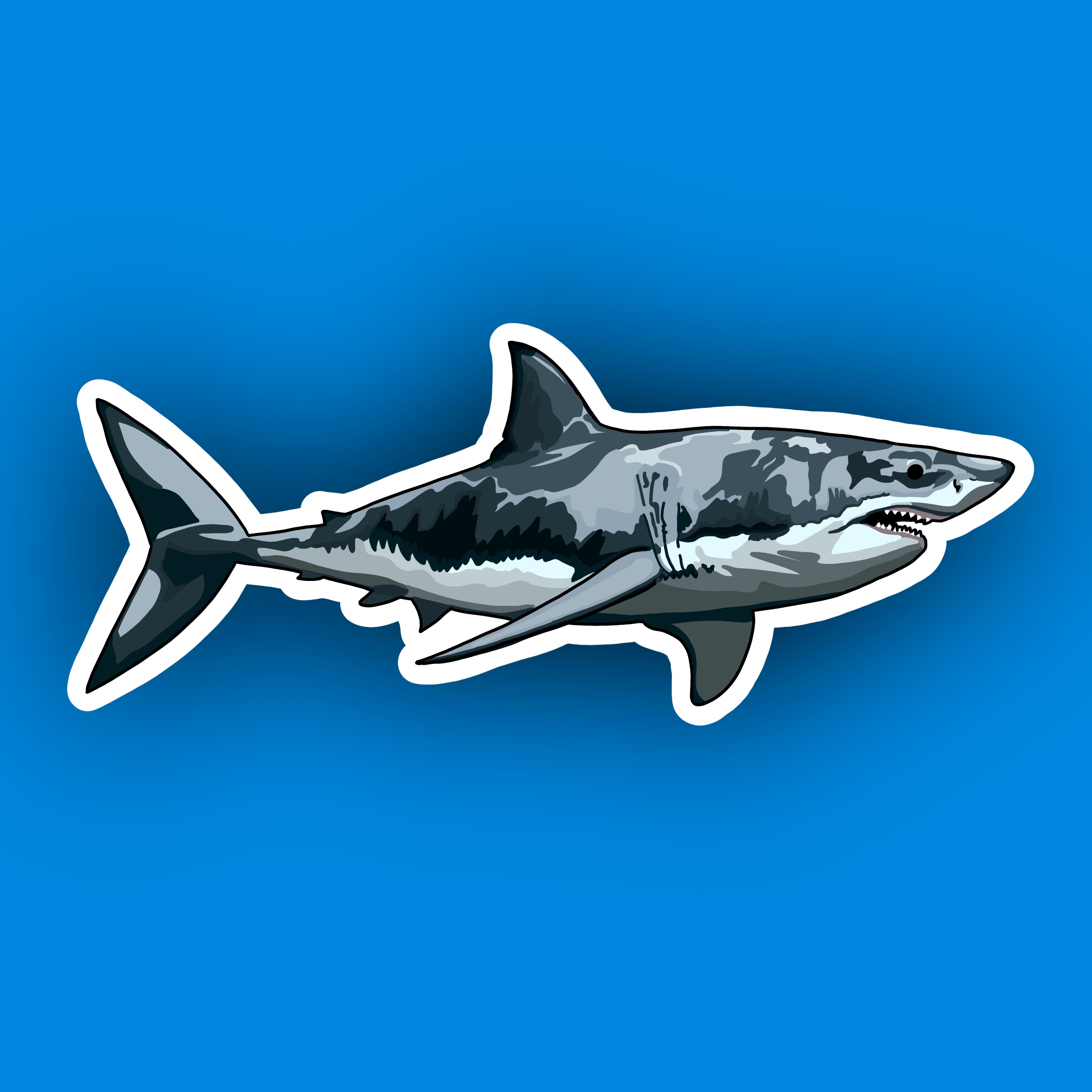 Illustrated sticker of a great white shark swimming, outlined in white on a blue background.