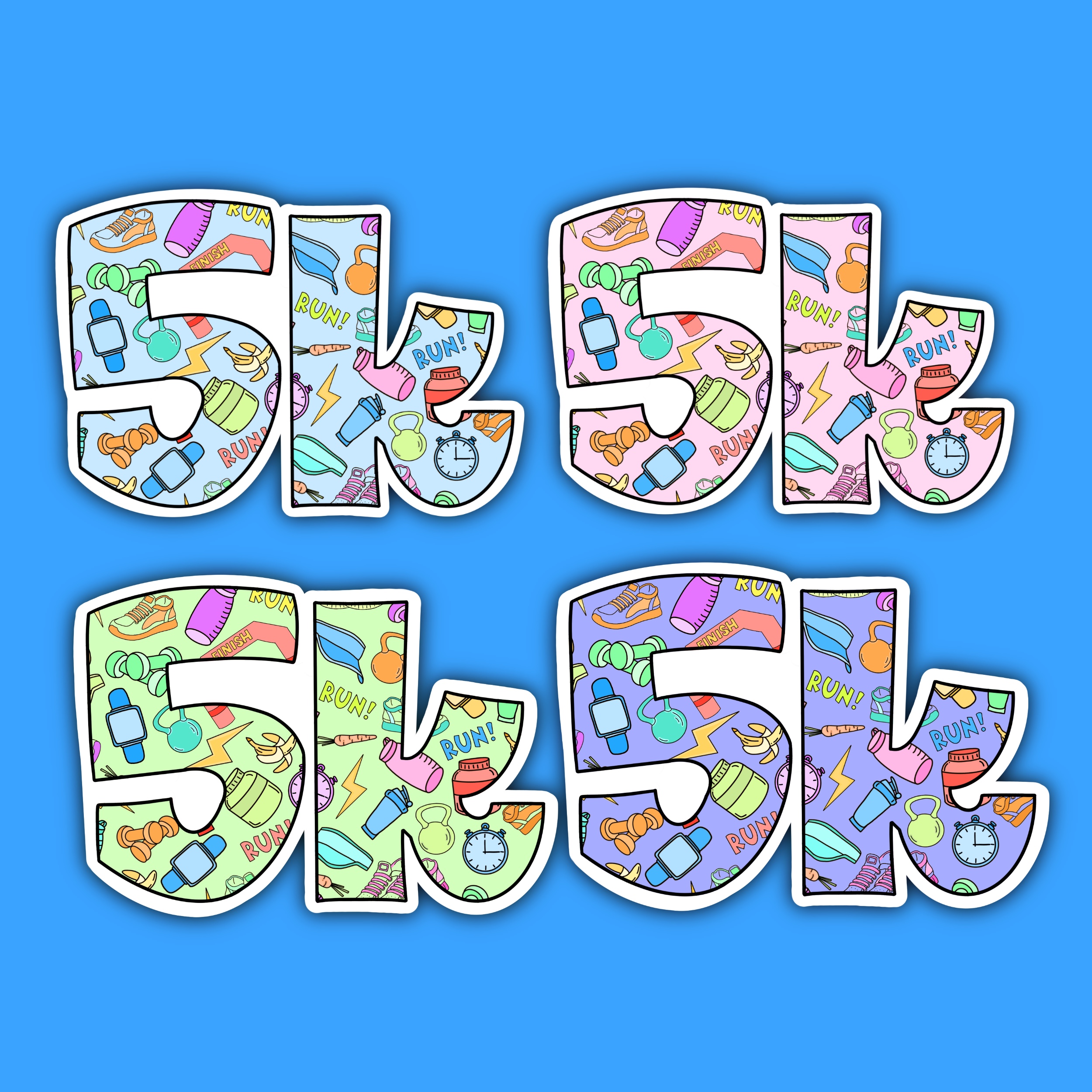 Four “5K” text designs filled with colourful fitness-themed icons and patterns.