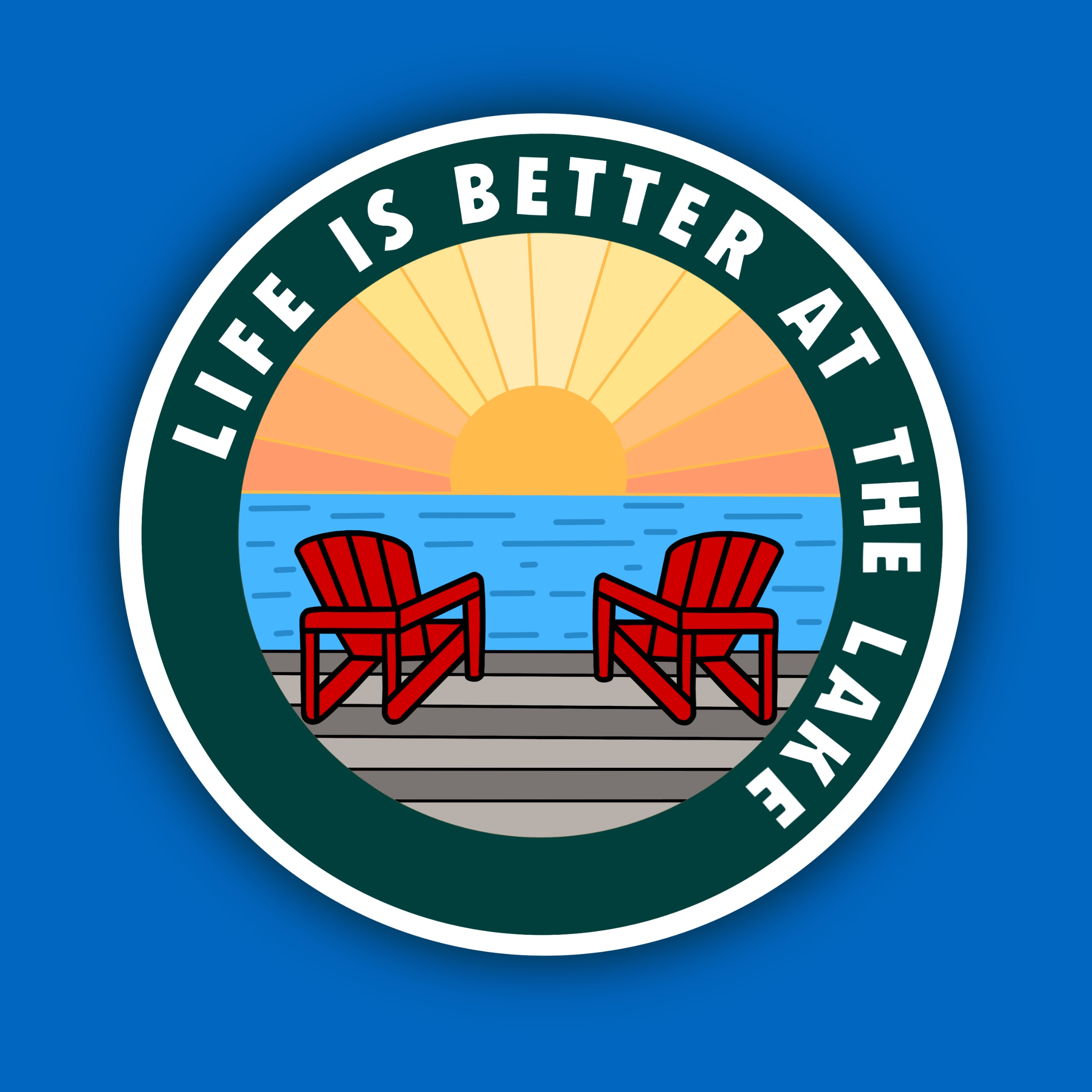 Two red chairs facing a lake sunset with the text “Life is Better at the Lake.”