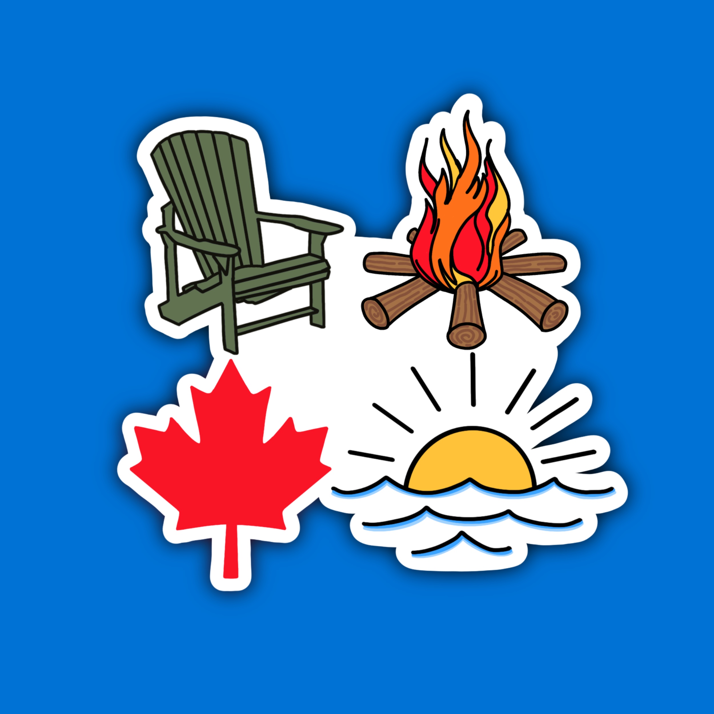 Illustrations of a campfire, Adirondack chair, maple leaf, and sunset over water.
