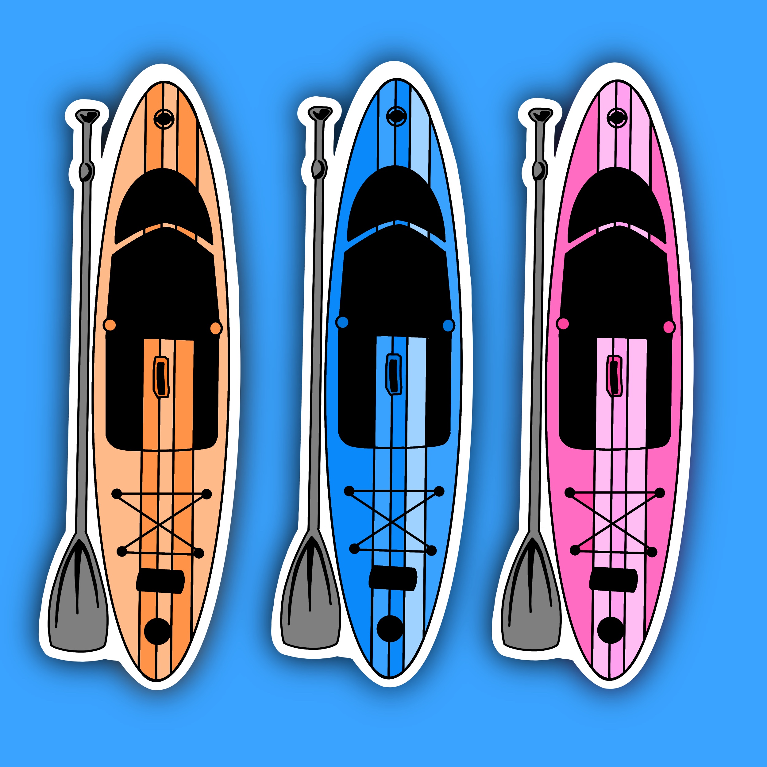 Three colourful paddle boards with paddles in orange, blue, and pink.