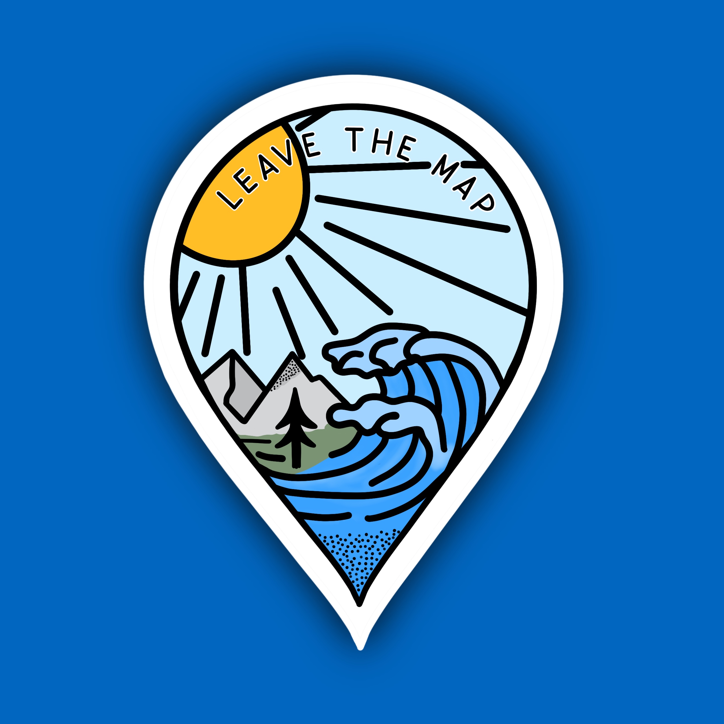 Map pin shape with mountains, trees, sun, and ocean waves, reading “Leave the Map.”