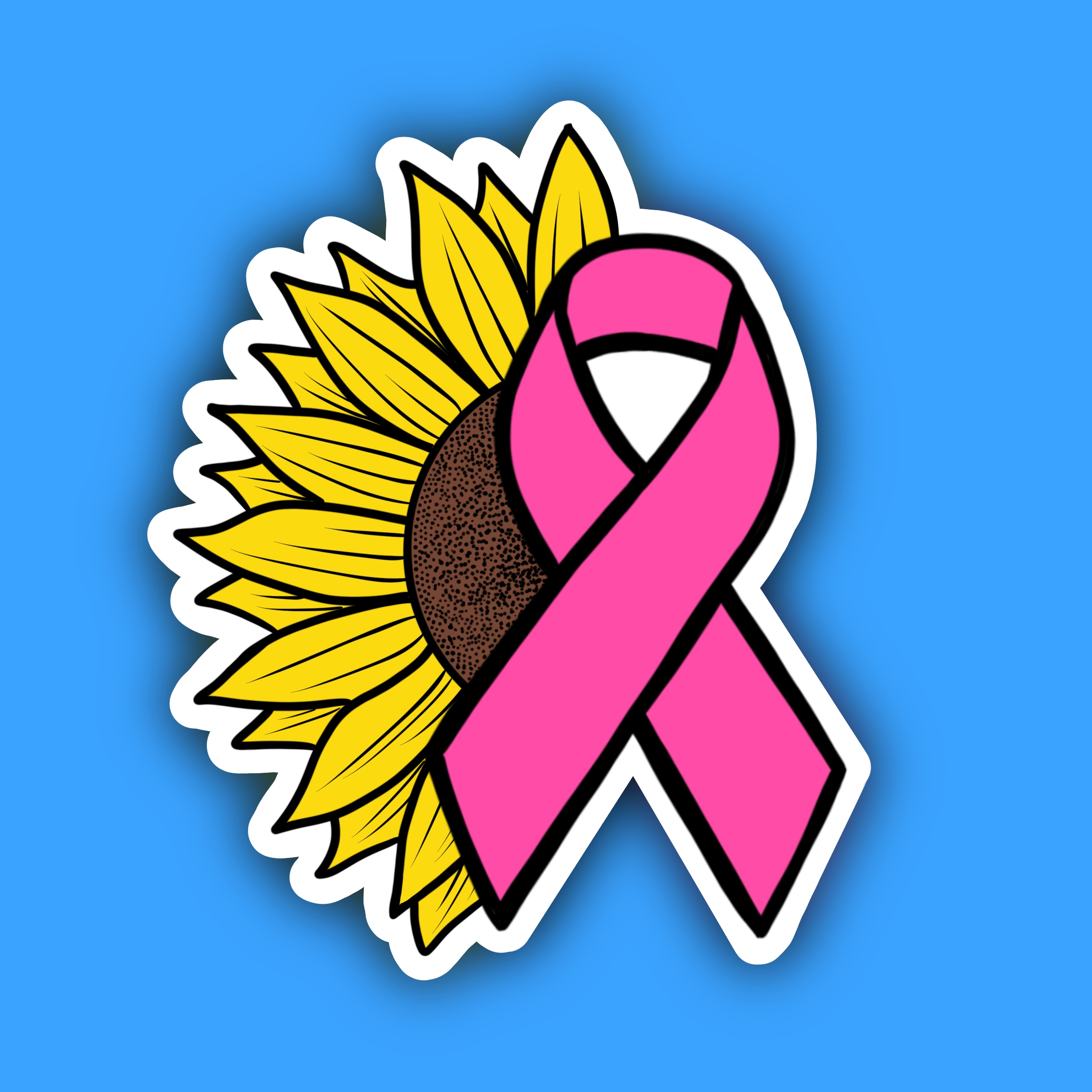 Pink awareness ribbon over a yellow sunflower illustration.