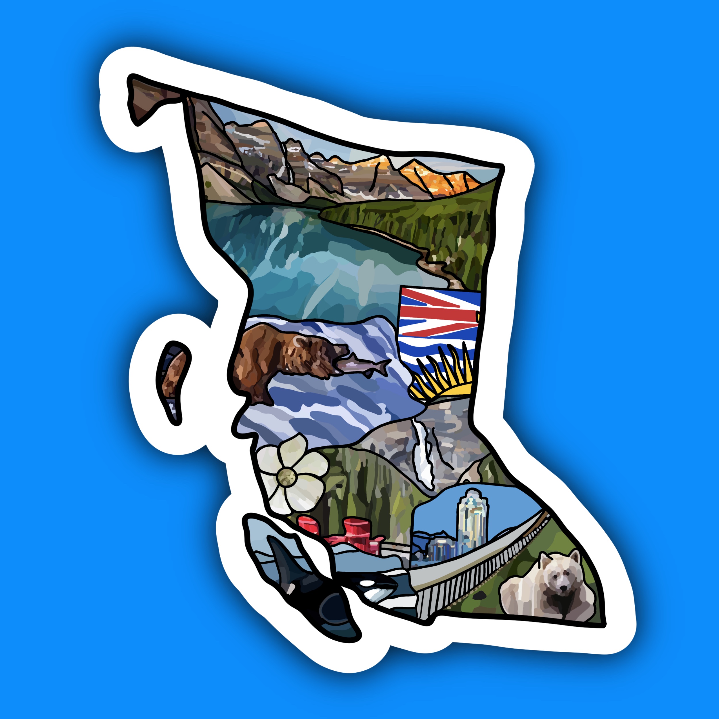 Map-shaped sticker of British Columbia filled with mountains, wildlife, and provincial imagery.