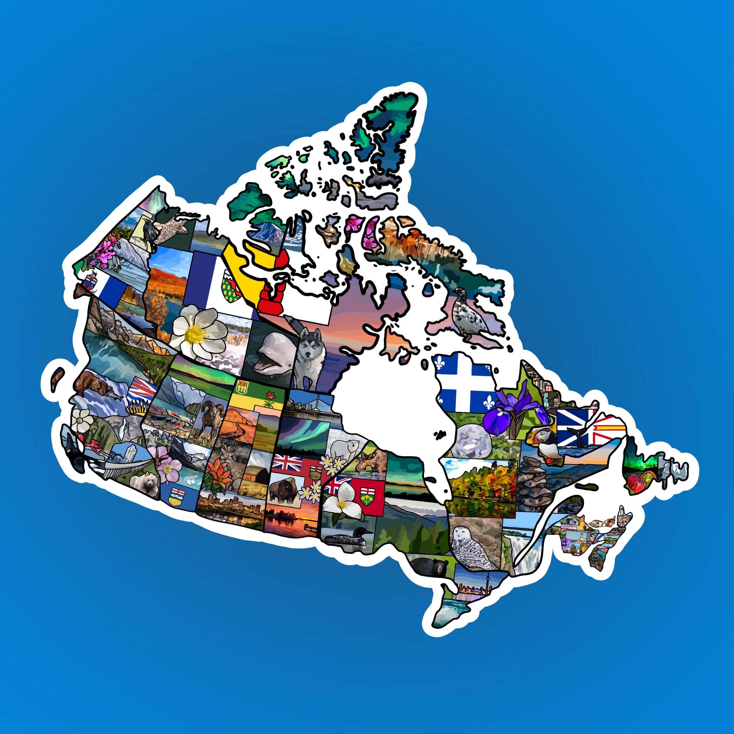 Map of Canada filled with colourful illustrations of landscapes, wildlife, and provincial symbols.