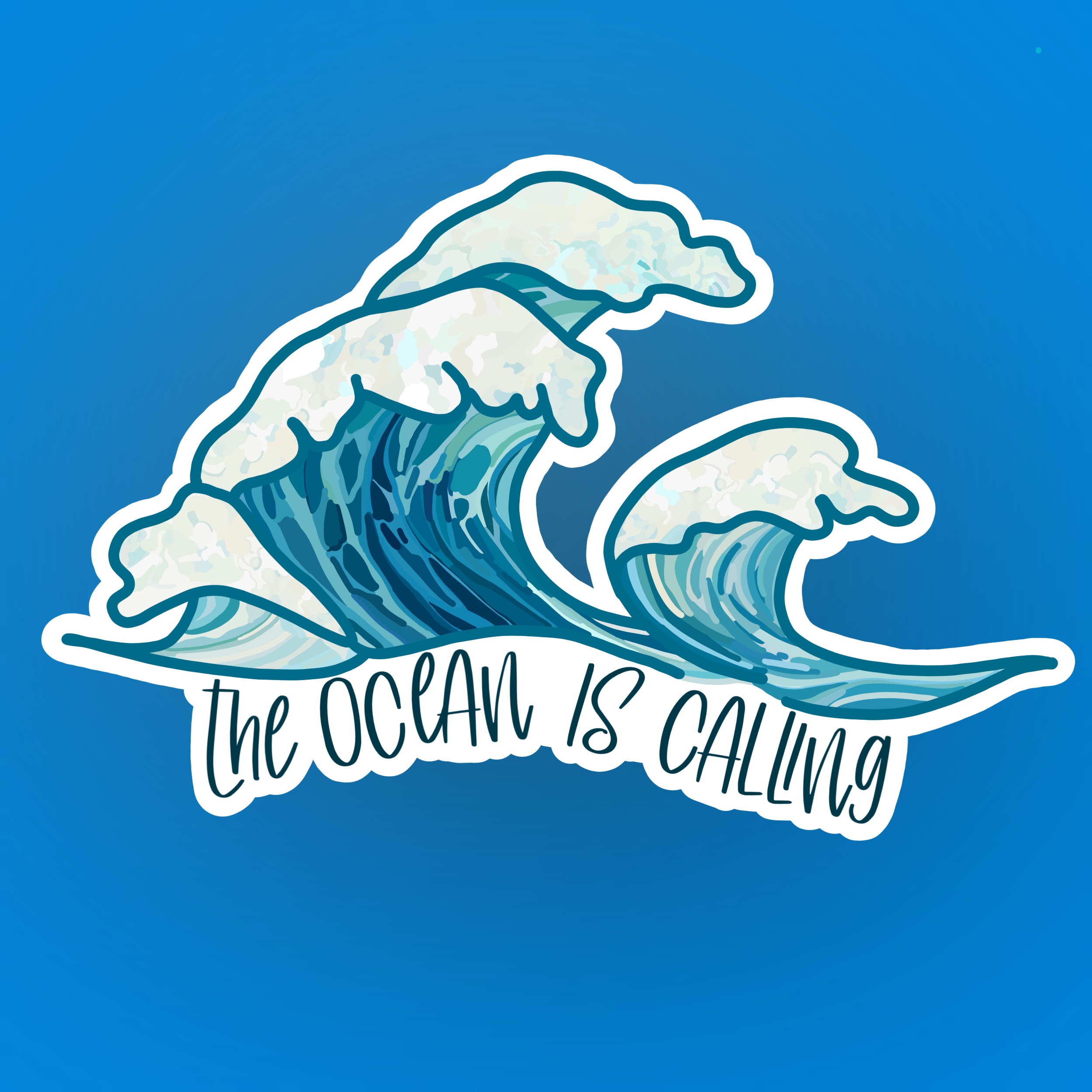 Stylized blue ocean waves with white foam and the phrase “The Ocean is Calling.”