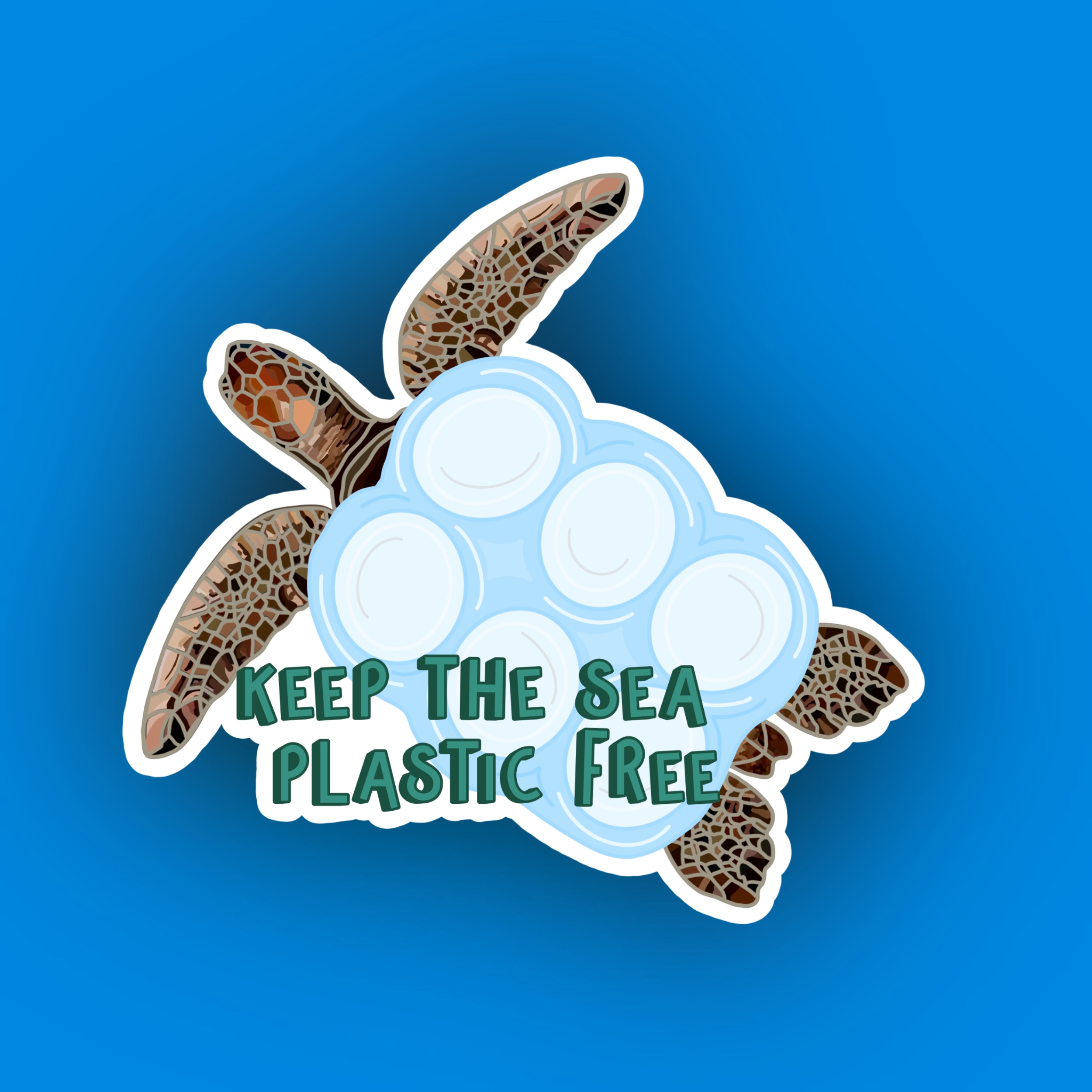 Sea turtle swimming with plastic rings on its shell and text “Keep the Sea Plastic Free.”