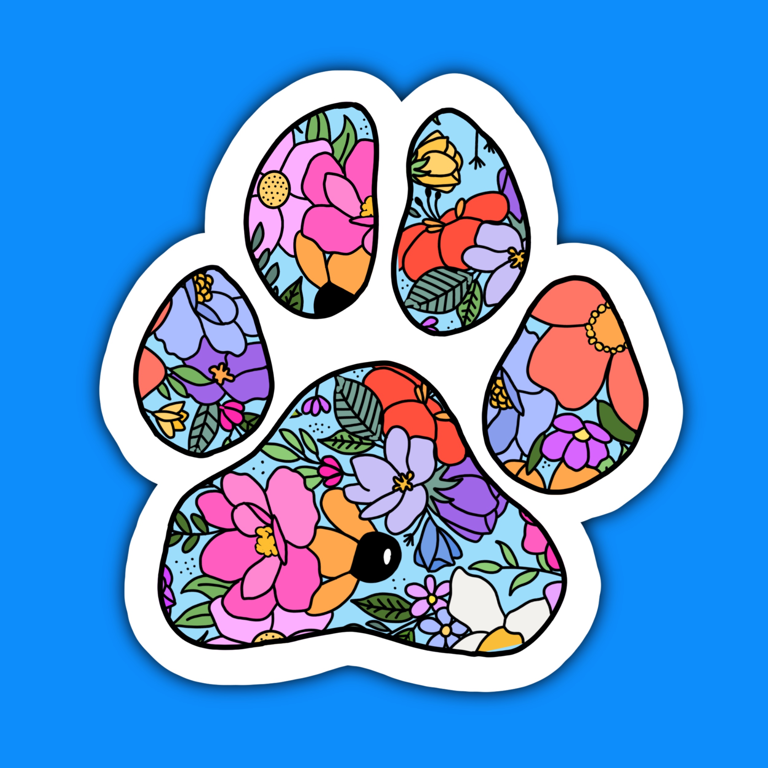 Sticker of a paw print filled with bright floral patterns.