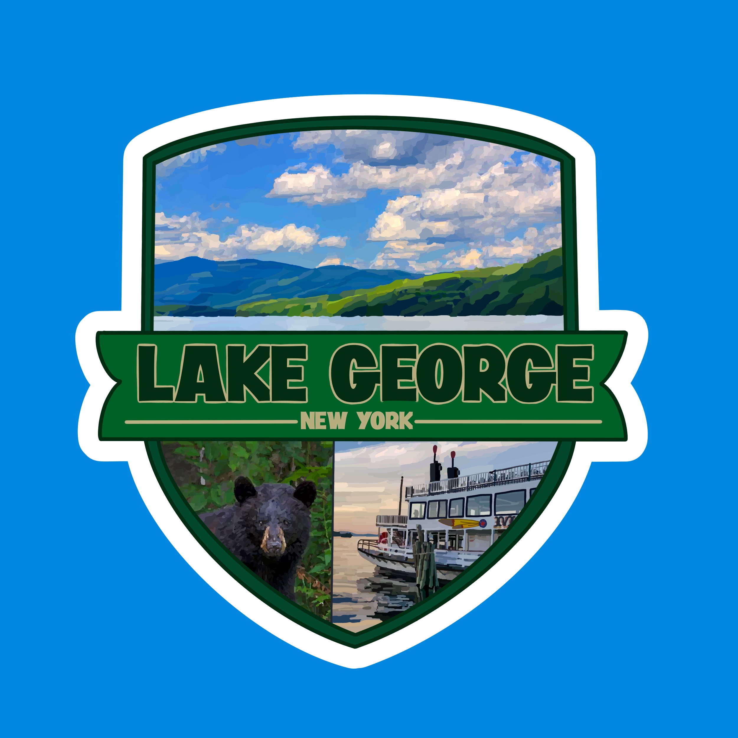 Shield-shaped sticker showing Lake George landscape, a bear, and a boat with “Lake George New York” text.