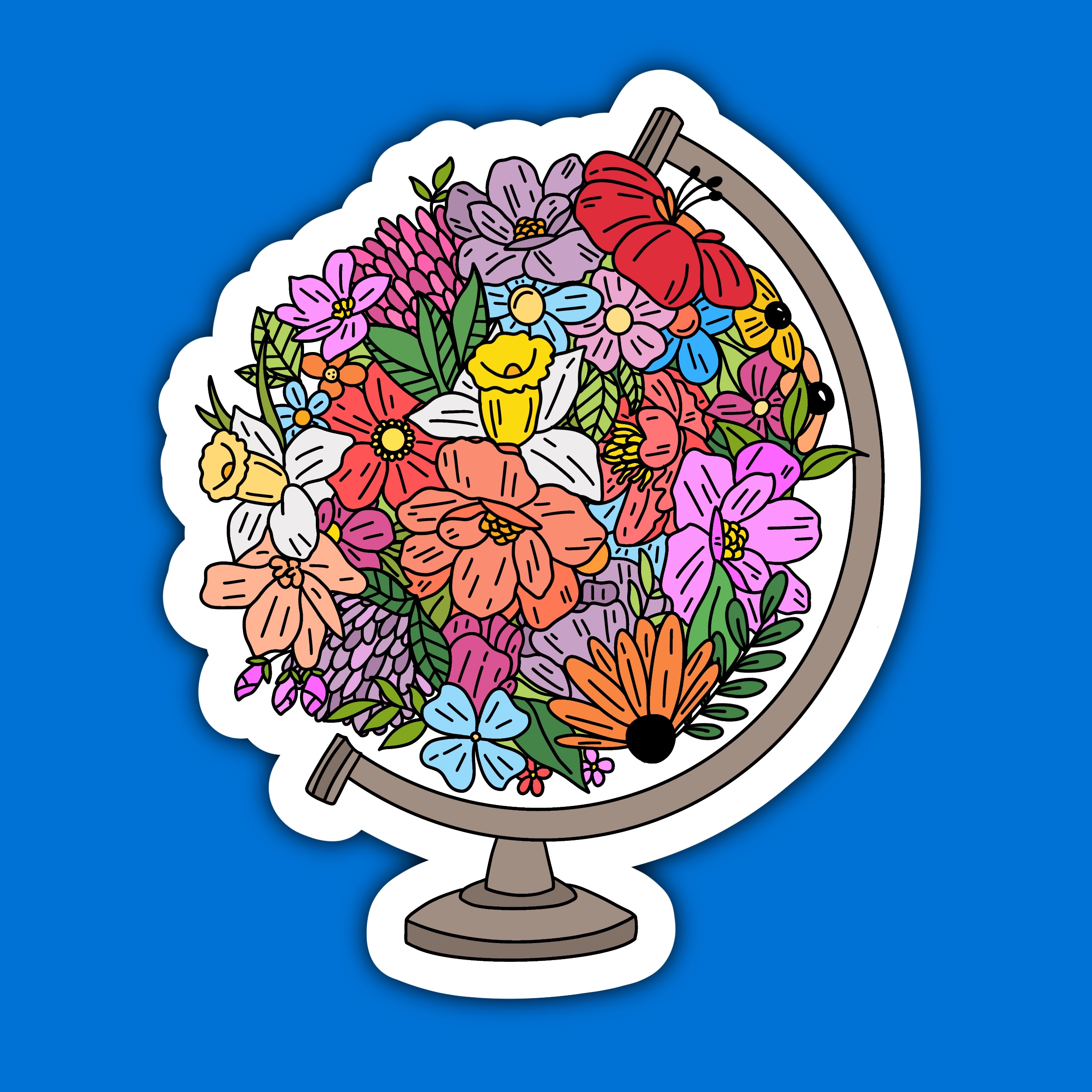 Sticker of a globe shape filled entirely with colourful illustrated flowers.