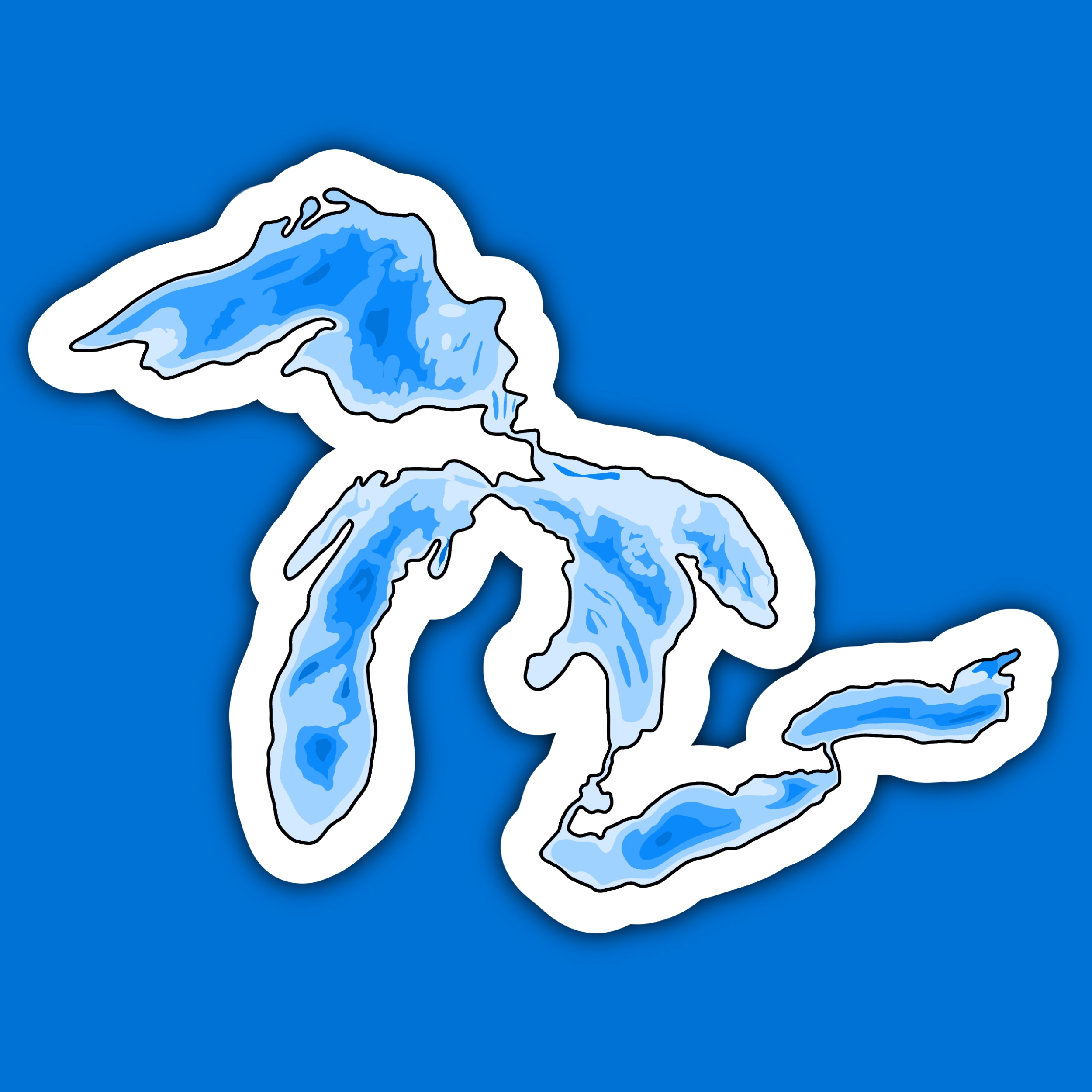 Sticker illustration of the Great Lakes in shades of blue with a white outline.