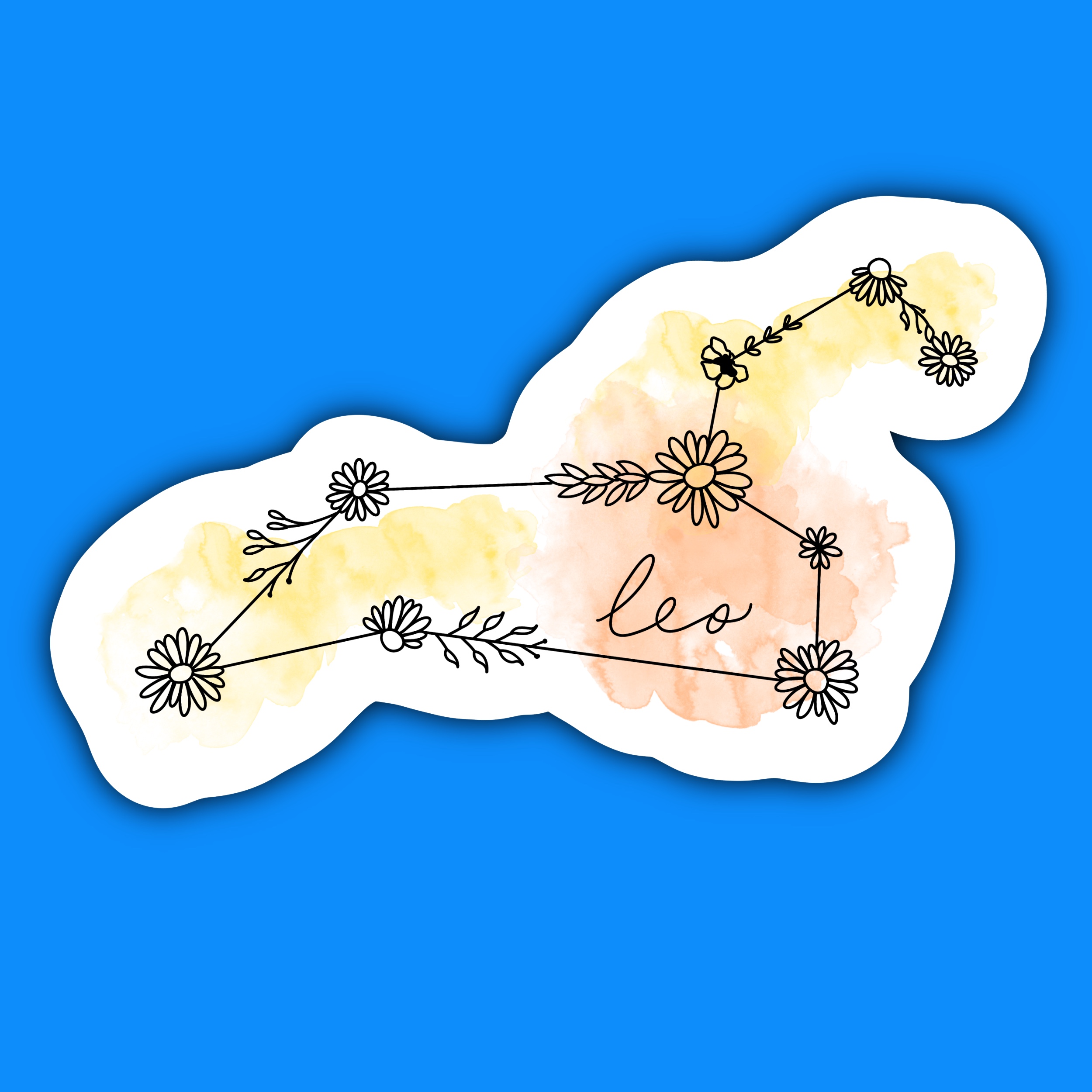 Sticker of the Leo constellation drawn with floral elements over a soft yellow and orange background.