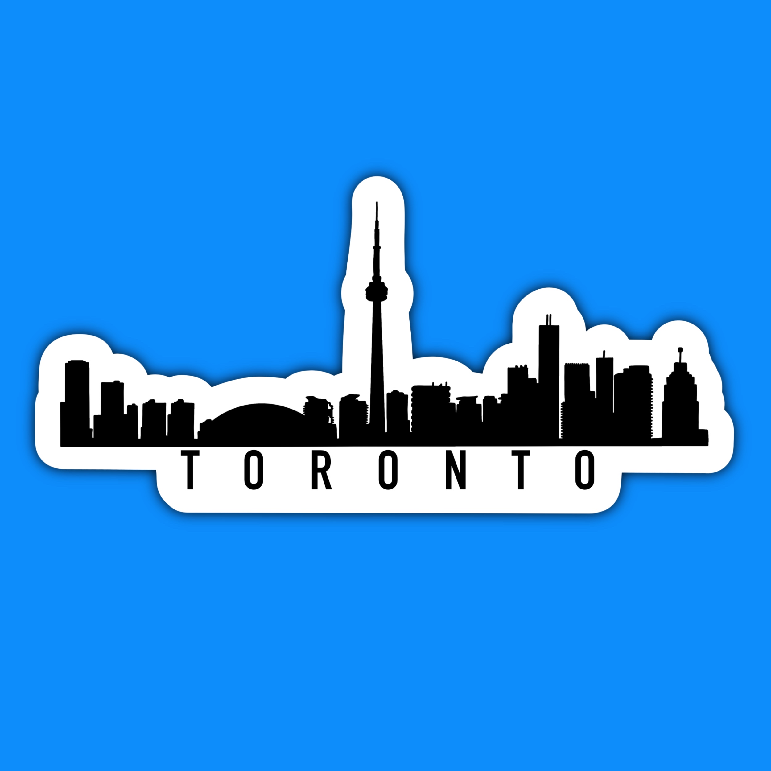 Sticker of a black silhouette of the Toronto skyline with the CN Tower and the word “Toronto.”