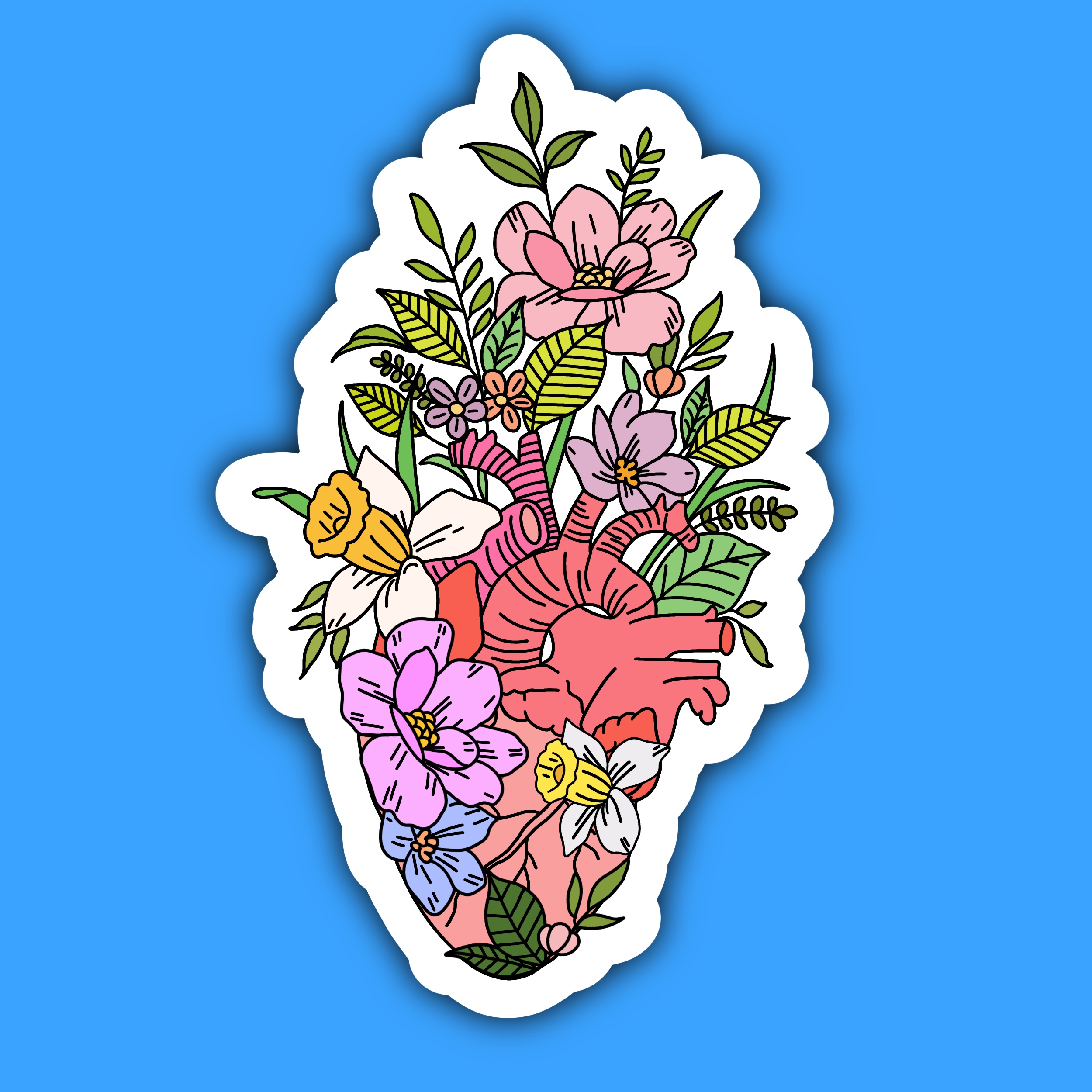 Sticker of an anatomical heart filled with bright, stylized flowers and leaves.