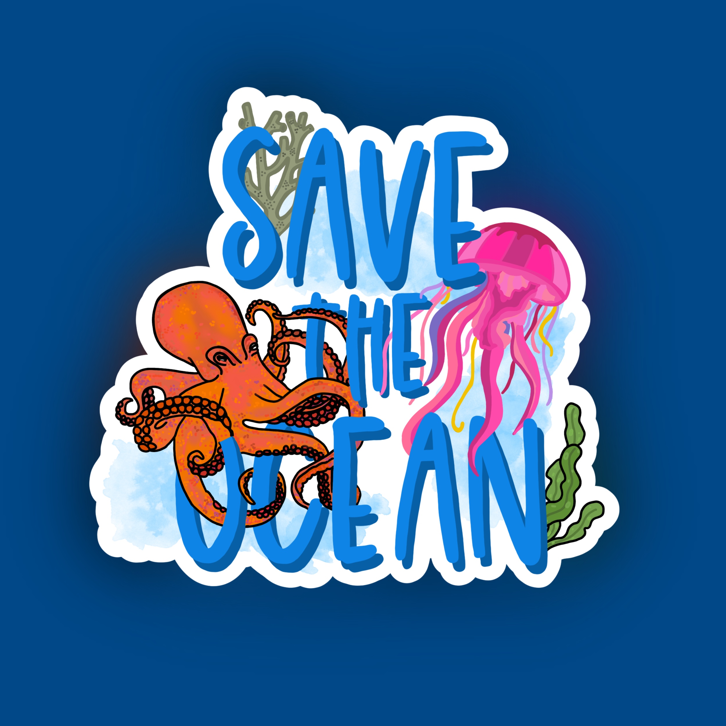 Sticker design reading “Save the Ocean” with illustrated octopus, jellyfish, and sea plants in bright colours.